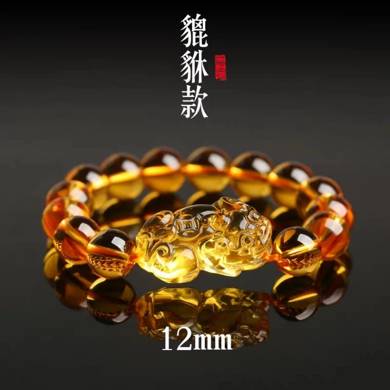 Genuine Natural Yellow Citrine Gemstone Pi Xiu Women Men Bracelet Crystal 10mm 12mm 14mm Round Beads Wealthy Pendant AAAAA