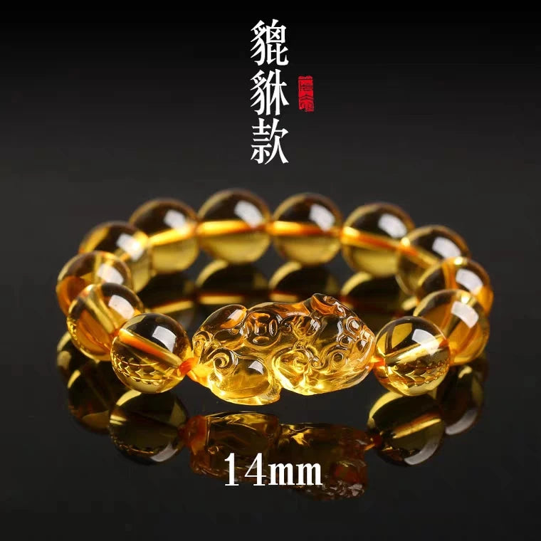 Genuine Natural Yellow Citrine Gemstone Pi Xiu Women Men Bracelet Crystal 10mm 12mm 14mm Round Beads Wealthy Pendant AAAAA