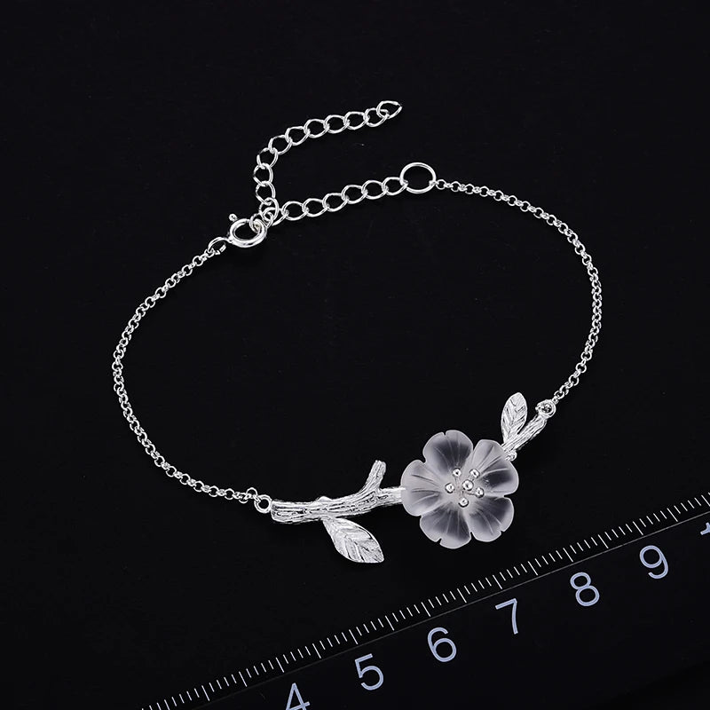 Lotus Fun Real 925 Sterling Silver Natural Crystal Handmade Fine Jewelry Flower in the Rain Design Charm Bracelet for Women Gift