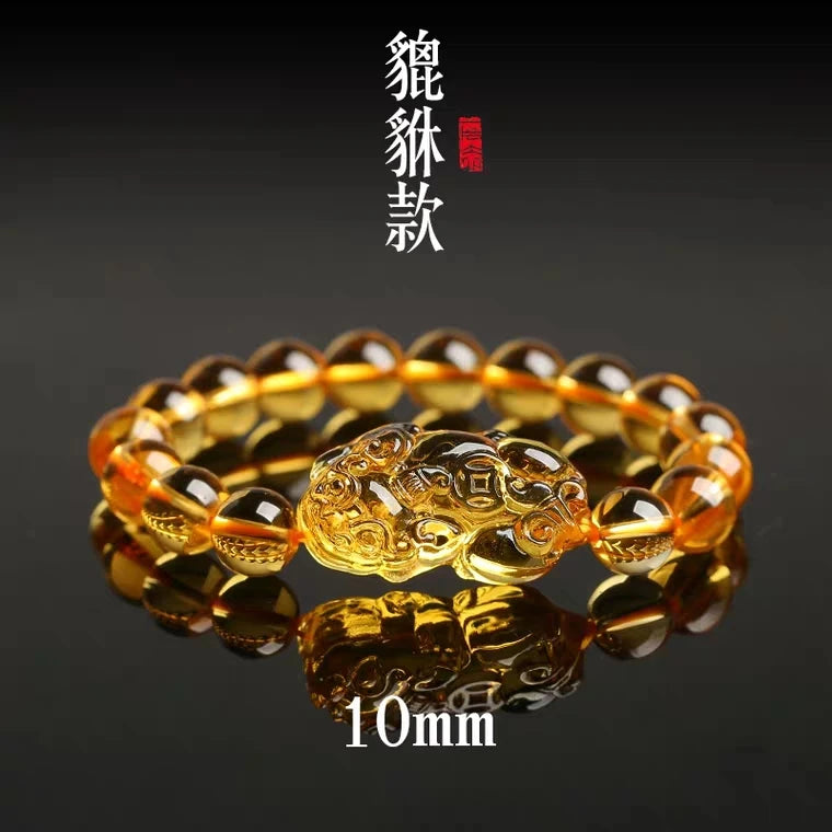 Genuine Natural Yellow Citrine Gemstone Pi Xiu Women Men Bracelet Crystal 10mm 12mm 14mm Round Beads Wealthy Pendant AAAAA