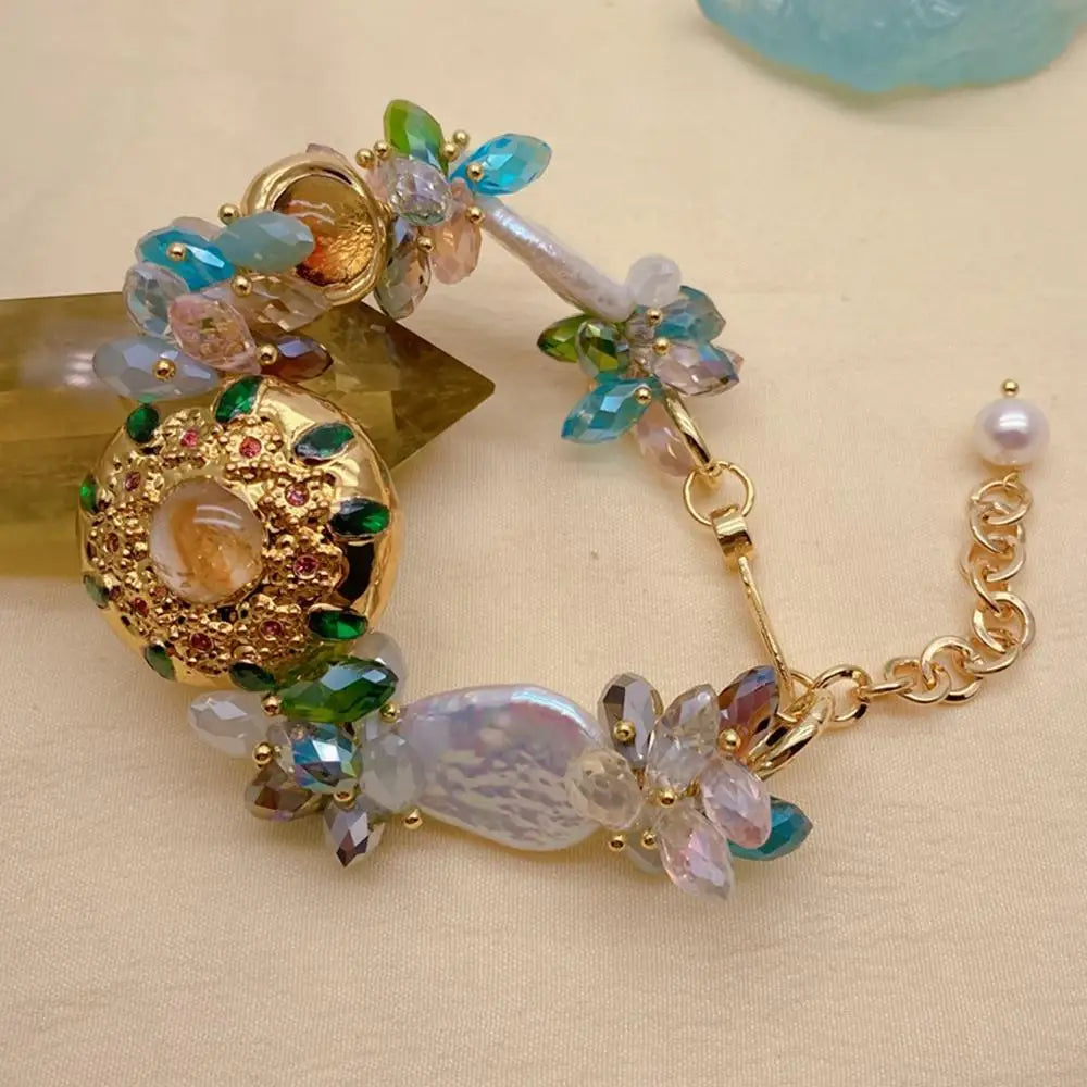 KKGEM 17x22mm White Keshi Pearl Multi Color Crystal Murano Glass Beaded Bracelet