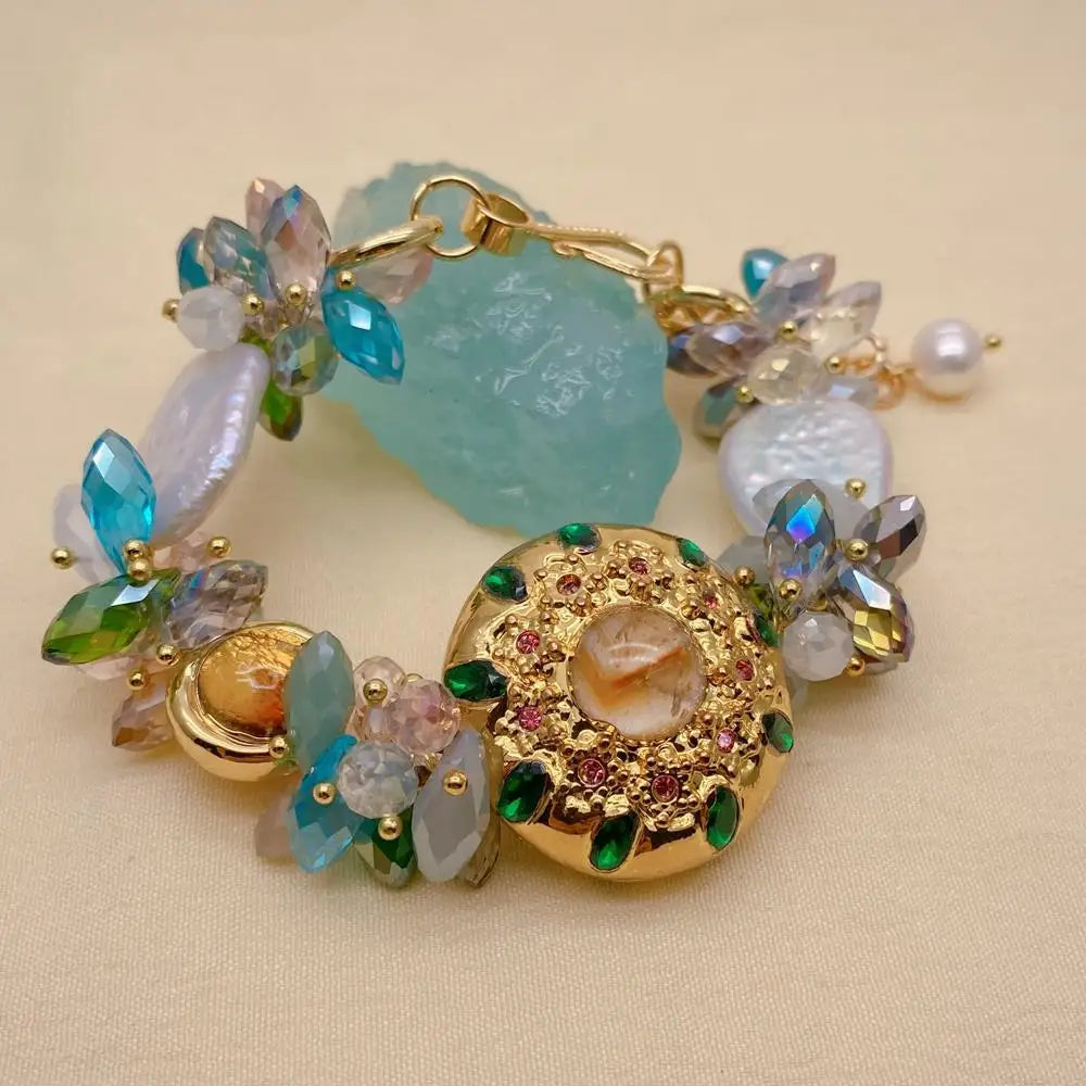 KKGEM 17x22mm White Keshi Pearl Multi Color Crystal Murano Glass Beaded Bracelet