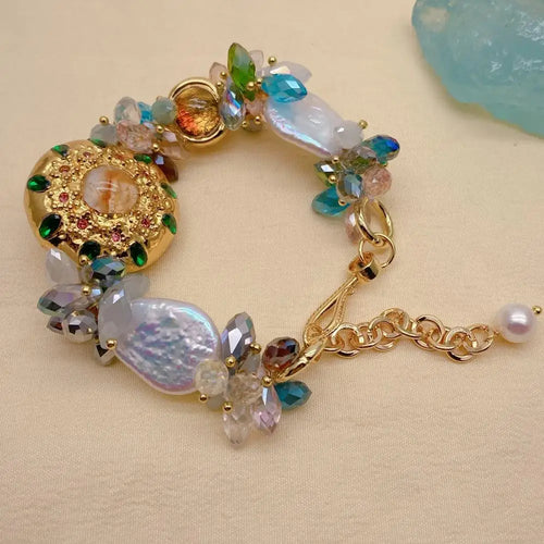 KKGEM 17x22mm White Keshi Pearl Multi Color Crystal Murano Glass Beaded Bracelet