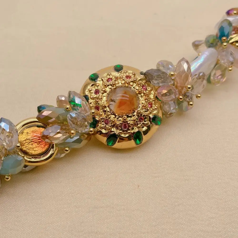 KKGEM 17x22mm White Keshi Pearl Multi Color Crystal Murano Glass Beaded Bracelet