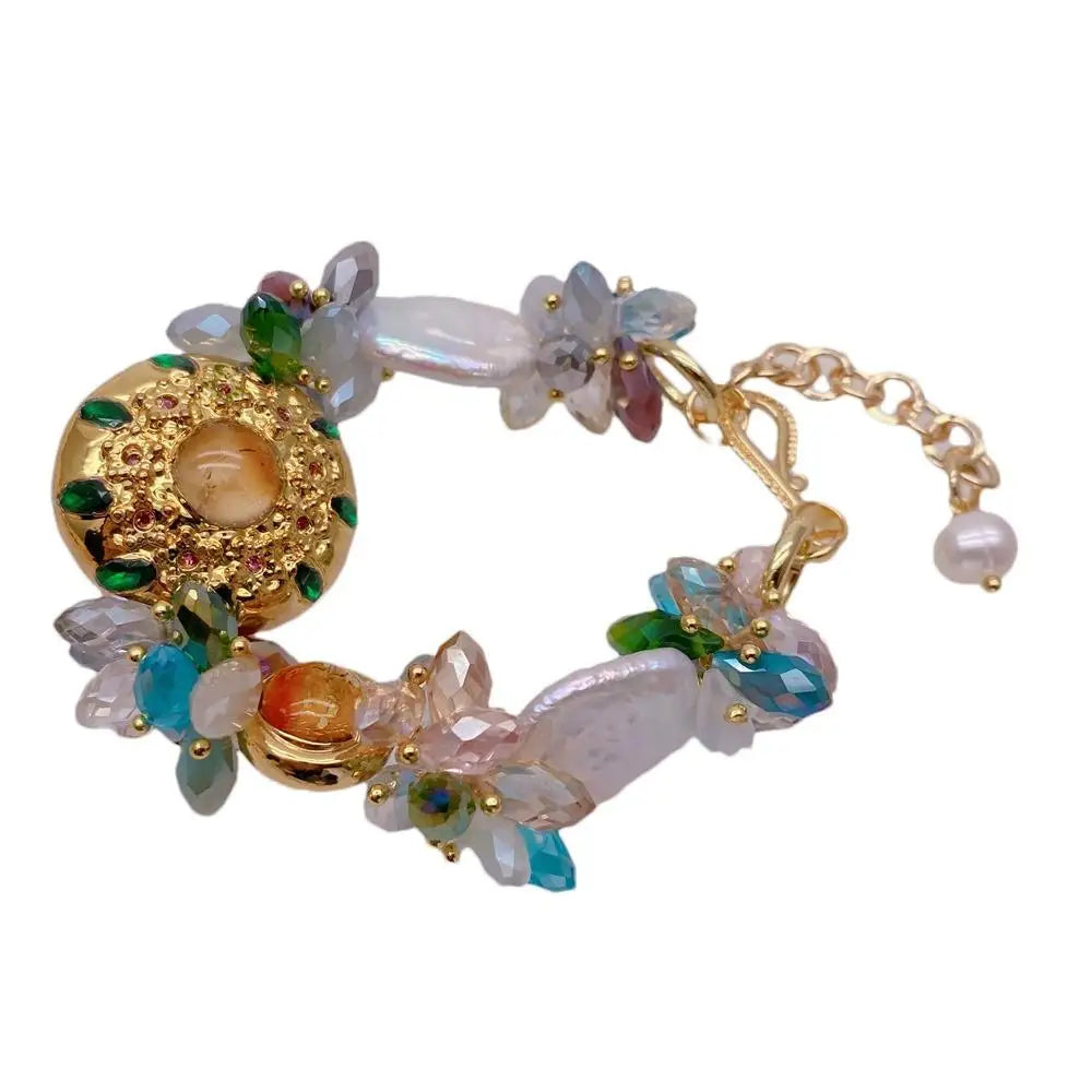 KKGEM 17x22mm White Keshi Pearl Multi Color Crystal Murano Glass Beaded Bracelet