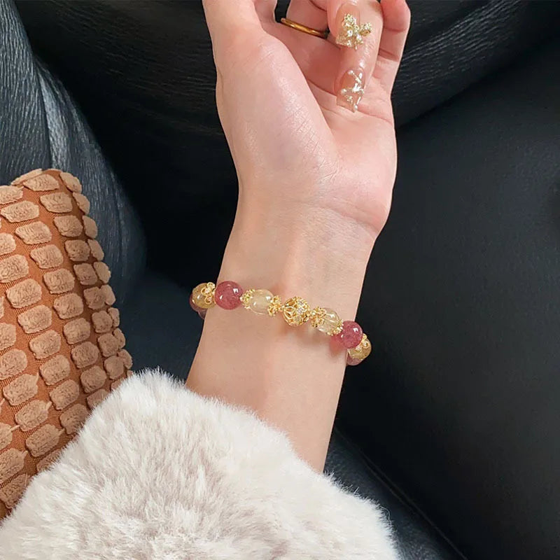 Natural Strawberry Bracelet Women s Attracting Peach Blossoms Prosperous Career Yellow Ace White Crystal Transport Bead  Lucky H