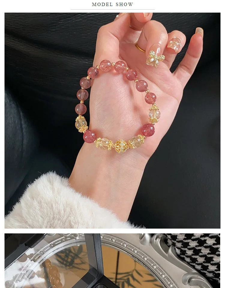 Natural Strawberry Bracelet Women s Attracting Peach Blossoms Prosperous Career Yellow Ace White Crystal Transport Bead  Lucky H