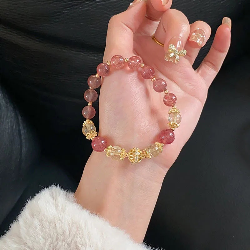 Natural Strawberry Bracelet Women s Attracting Peach Blossoms Prosperous Career Yellow Ace White Crystal Transport Bead  Lucky H